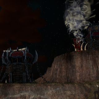 An Orc homeland on an island with smoke and Orc structures.